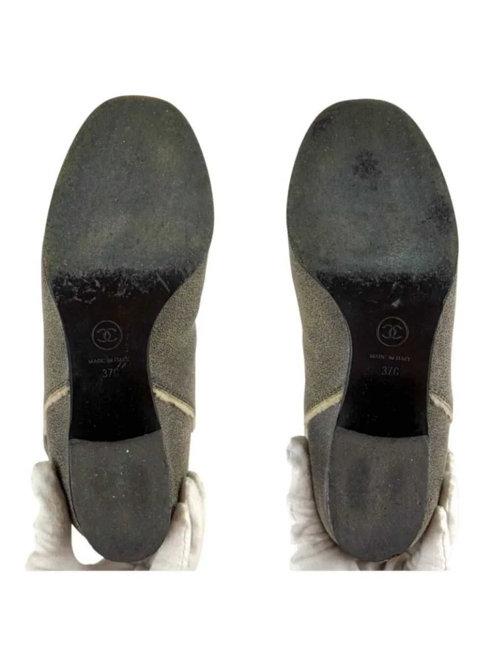 Chanel One Point CC Logo Shearling Long Boots Knee Length Gray 37c